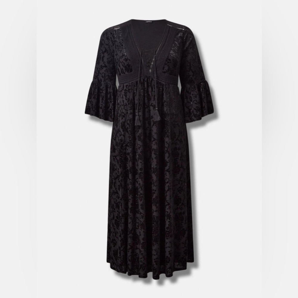 Torrid Maxi Burnout Velvet Lace Dress Bell Sleeves NWT
